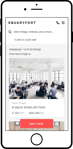 an iPhone with a screenshot of the SquareFoot site